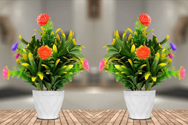 RisEmpire Artificial Plant For Home/Office Table Decoration or Gift ( Pack of 2, 7inch) Multicolor Rose Artificial Flower  with Pot