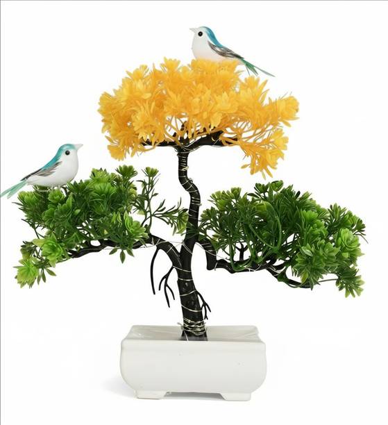 POKA Green Yellow Tree Flower With Bird For Home, Room decoration, Bedroom & Office Green, Yellow Wild Flower Artificial Flower with Pot