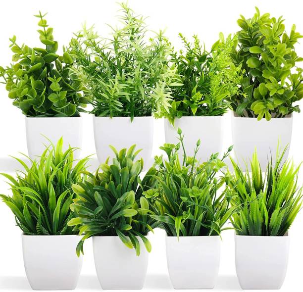 Dekorly Artificial Potted Plants Artificial Plastic Eucalyptus (PACK OF 8, Green) Bonsai Wild Artificial Plant  with Pot