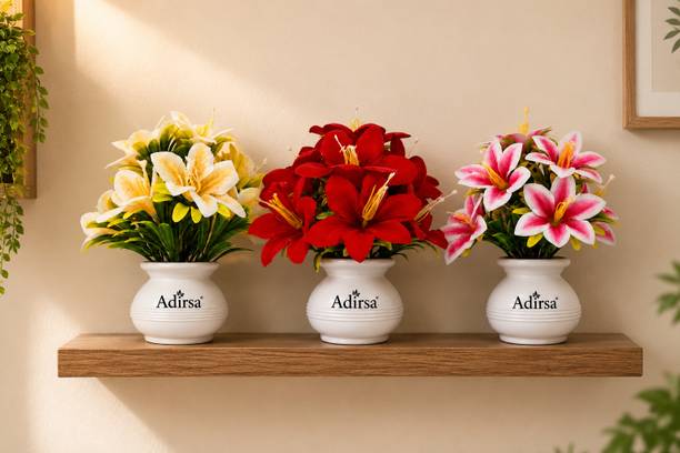 ADIRSA Artificial Lily Flower Pot Set of 3 for Home & Office Decor Multicolor Wild Flower Artificial Flower  with Pot