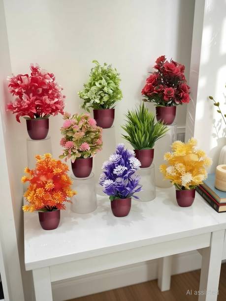Ryme Set Of 8 Mini Small Artificial Plants With Pot/Vase Bonsai Wild Artificial Plant  with Pot