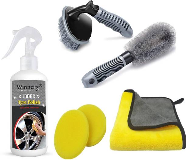 Winberg Tyre Polish, Tyre Brush, Rim Brush, 1 Microfiber Towel 600 GSM, 2 Applicator Combo