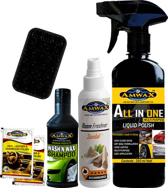 amwax ALL IN ONE POLISH, AIR FRESHNER, WASH N WAX SHAMPOO, DASHBOARD POLISH, APPLICATOR Combo