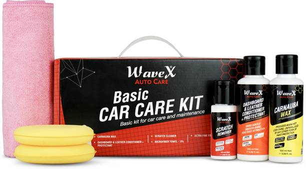 Wavex Car Care Kit Contains Carnauba Wax, Dashboard and Leather Conditioner, Scratch Cleaner, Premium Microfiber Towel, 2- Ultra Fine Foam Applicators| Combo