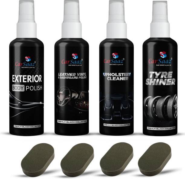 Carsaaz Exterior Polish, Dashboard Polish, Upholstery Cleaner, Tyre Polish 100ml, 4 Applicators Combo