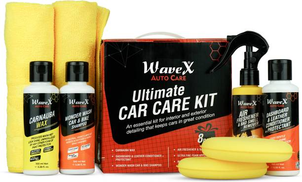 Wavex Dashboard Polish, Carnauba Wax, Car Shampoo, Car Perfume, Applicator, Microfiber Combo