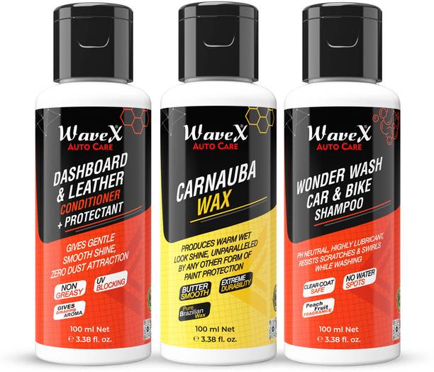 Wavex Car Dashboard & Leather Polish, Wonder Wash Car Shampoo, Carnauba Liquid Car Wax Combo
