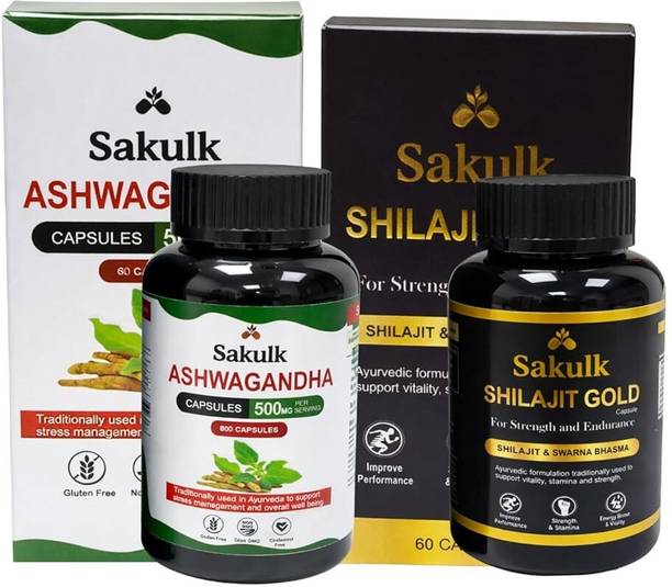 SAKULK Ashwagandha 500mg and Shilajit Gold Capsules Combo | 60 Caps Each