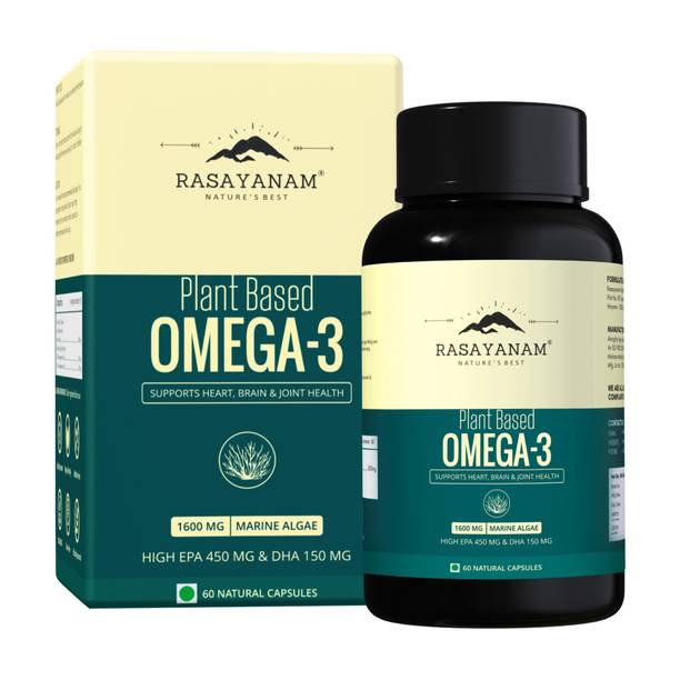 Rasayanam Plant Based Omega-3, 1600mg | No Burps, No Fish Oil, Pure Algae - Veg. Capsules