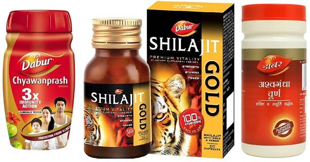 Dabur (Chywanprash-Awaleha-1kg)(Shilajit -20 cpsl)(Ashwagandha Churna-100g) Pack of 3