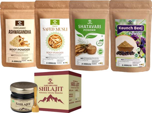 Trivang Ashwagandha,Safed Musli,Kaunch Seed,Shatavari Powder (4 x 100g) & Shilajit 20g