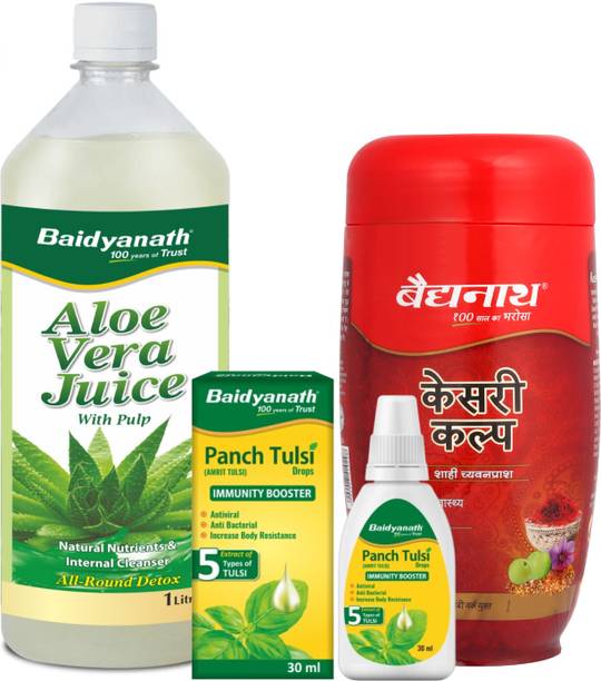 Baidyanath Healthy Gift Pack – Goodness of 99.6 % Pure Aloe Vera Juice-1 Ltr| Kesari Kalp Royal Chyawanprash 500 G | Panch Tulsi Drops 30 Ml | for Complete Care for all Age