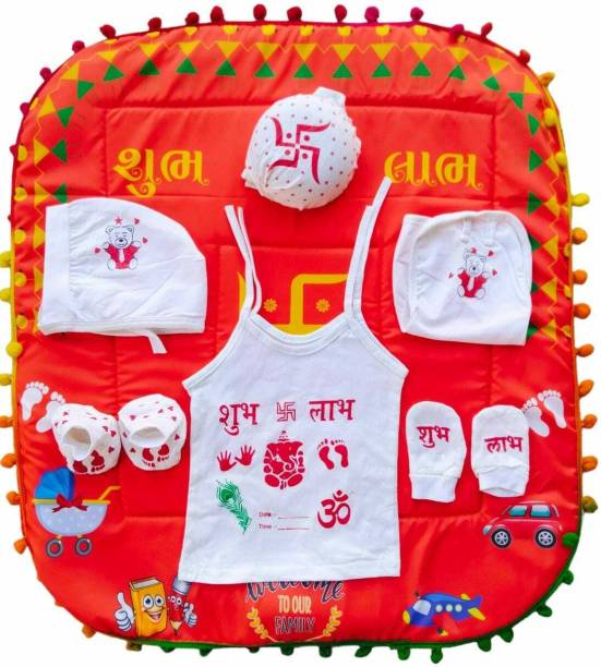 PREETENCY New Born Baby Naming Ceremony( Printed Chhathi Set) Set for Born Babies (0-6 Months) (Boy/Girl)Colour (RED) Square