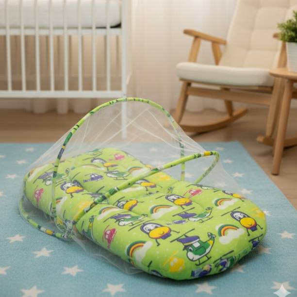 MAHADEVSTORE Green Baby Sleeping Bed with Mosquito Net | Soft Cotton Baby Bed Net Solid