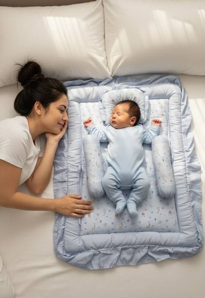 BABYBEDS Portable Baby Sleeping Mattress with Pillow and Side Support Blue Bed GADLA SET CRIB