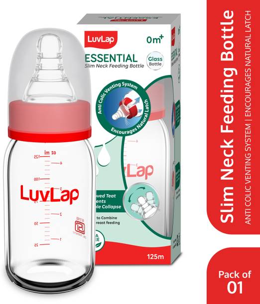 LuvLap Essential Slim Neck Glass Feeding Bottle, Newborns to Toddlers 0M+ Pack of 1 - 125 ml