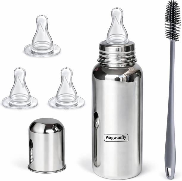 Wagwanfly Steel Baby Feeding Bottle with Cleaning Brushes 1 Nipple Free - 240 ml