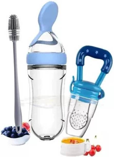 DECRONICS Baby Easy Squeeze Feeding Bottle, Food Feeder & Cleaning Brush (Set of 3) - 90 ml