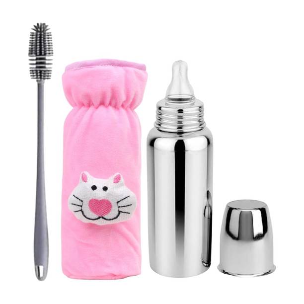ORILACE Baby Steel Milk Bottle &1Cleaning Brush & etc BPA-Free Sillicone Nipple 0-5 Year - 250 ml