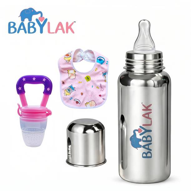 babylak Baby Steel feeding Milk Bottle with babies & Fresh Silicone Fruit Feeder - 250 ml
