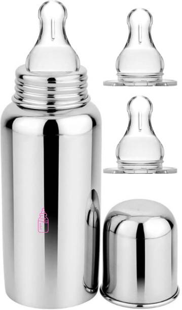 PGD Steel Feeding Bottle with Extra 2 Anti-Colic Silicon Nipples for New Born Babies - 250 ml