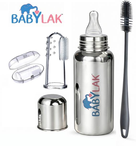 babylak Steel Baby Feeding Bottle with Finger Brush for Newborn Feeding Bottle - 249 ml