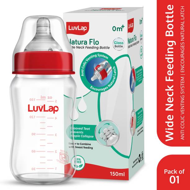 LuvLap Natural Flow Wide Neck Glass Feeding Bottle, Suitable for Newborns Pack of 1 - 150 ml