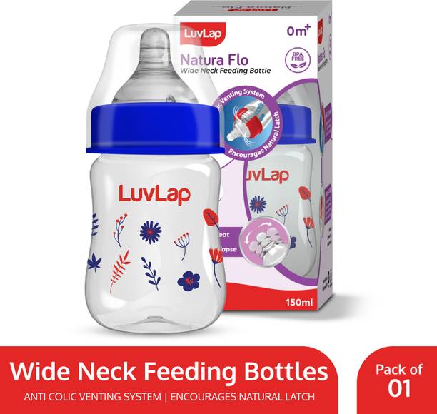 LuvLap Anti-Colic Wide Neck Natural Flow Baby Feeding Bottle, Floral Design - 150 ml