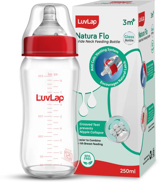 LuvLap Natural Flow Wide Neck Glass Feeding Bottle, Suitable for Newborns Pack of 1 - 250 ml