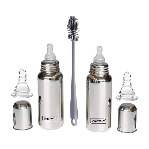 Wagwanfly Steel Feeding Bottle With Silicone Nipple 1 Cleaning Brush feeding bottle steel - 240 ml