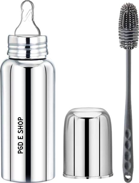 PGD Steel Baby Feeding Bottle with Long Handle Silicone Scratch Free Cleaning Brush - 300 ml