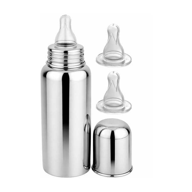 BEBZI Stainless Steel Baby Feeding Bottle with BPA-Free Silicone 2Nipples - 250 ml