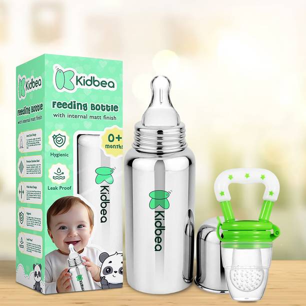 KIdbea Stainless Steel Infant Baby Feeding Bottle,Blue silicon Fruit Feeder BPA Free - 250 ml