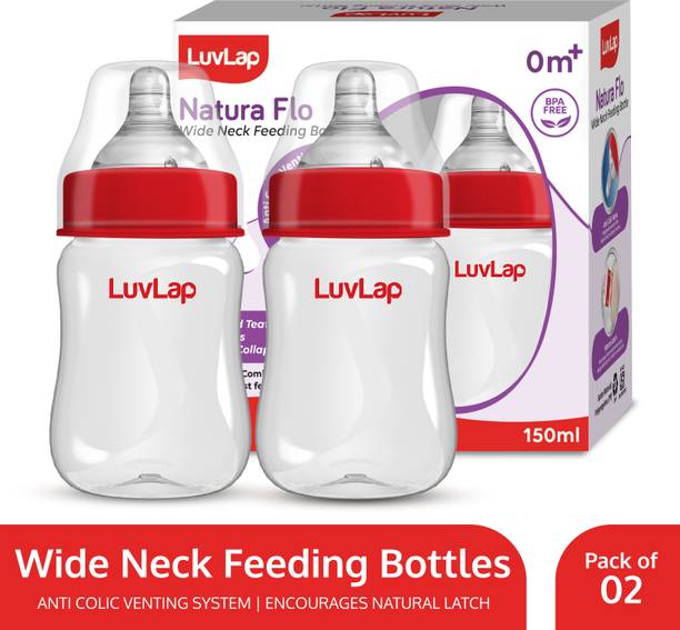 LuvLap Anti-Colic Wide Neck Natural Flow Baby Feeding Bottle, BPA Free Pack of 2 - 150 ml