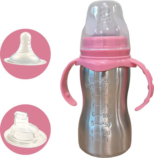 JOYFILLS 2 in 1 Baby Stainless Steel Feeding Bottle for Kids/Infants | Sipper, Nipple - 290 ml