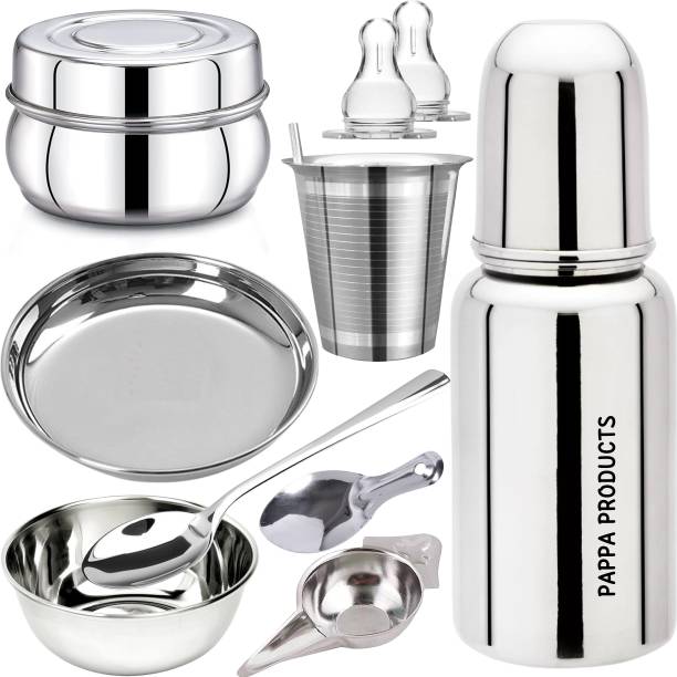 PGD Baby Feeding Bottle, Feeder, Bowls, Spoons, Straw Glass, Glass Plate, 2 Nipple  - Stainless Steel