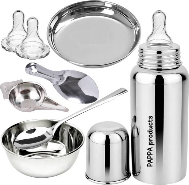 Pappa New Born Baby Full Gift Set Steel Feeding Bottle, Feeder, Spoons, Bowl, Plate - 250 ml