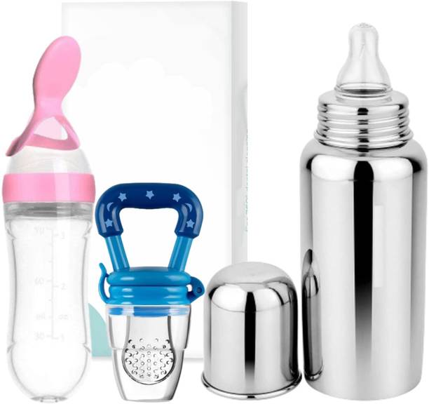 Nonababy Stainless Steel Milk Bottle (250 ML)& Food/Fruit Feeder/Nibbler (Set of 3 Items)
