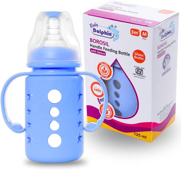 Baby Dolphin Anti-Colic Borosil Glass Feeding Bottle with Handle & Sleeve, Bpa Free - 125 ml
