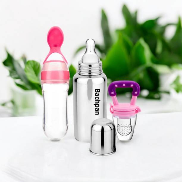 Bachpan Baby feeding milk steel bottle with spoon bottle and fruits nibblers - 300 ml