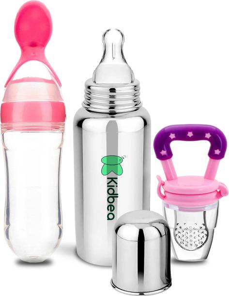 KIdbea Stainless Steel Bottle, Silicone Food and Fruit feeder BPA Free - 250 ml