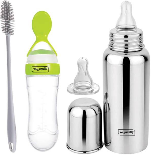 Wagwanfly Stainless Steel Infant Baby Feeding Bottle, Green silicon Fruit Feeder - 240 ml