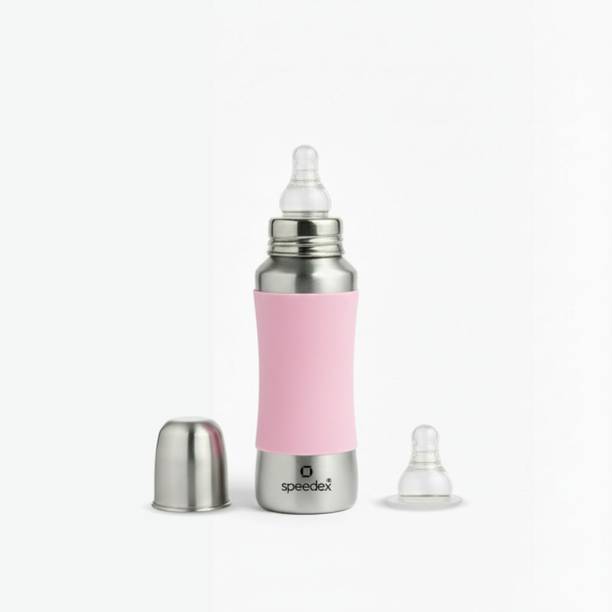 SPEEDEX Stainless Steel Baby Feeding Bottle with Internal ML Marking, Silicon Stopper & Silicon Grip (240 ml) (3 Extra Nipple Free) - 240 ml