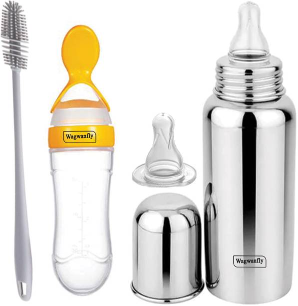 Wagwanfly Stainless Steel New Born Baby Feeding Bottle for Milk Water With Spoon Feeder - 240 ml