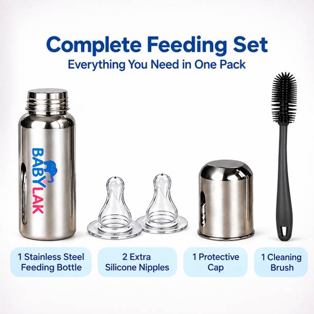 babylak Steel Baby Feeding Bottle with Cleaning Brushes 2 Nipple Free - 250 ml