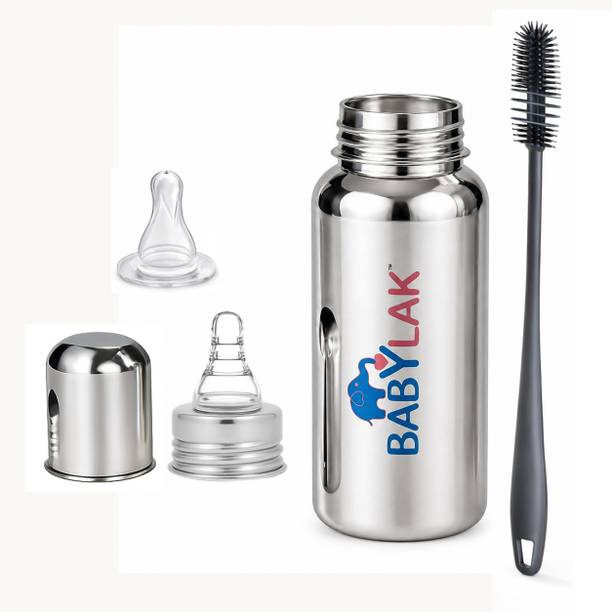 babylak Steel Baby Feeding Bottle with Cleaning Brush & 2 Extra Silicone Nipples - 250 ml