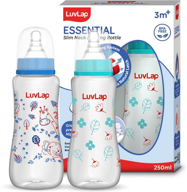 LuvLap Anti-Colic Slim Neck Essential Baby Feeding Bottle, Jungle Tales Pack of 2 - 250 ml