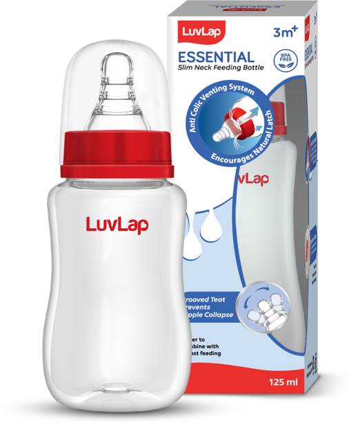 LuvLap Anti-Colic Slim/Regular Neck Essential Baby Feeding Bottle, BPA Free Pack of 1 - 125 ml