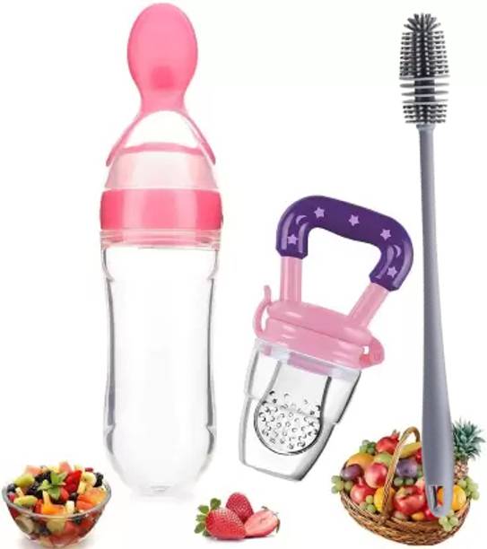 DECRONICS 90ML Baby Feeding Bottle Squeeze Spoon Food Feeder & Cleaning Brush (Set of 3) - 90 ml