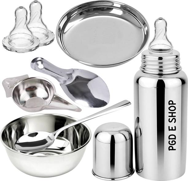 PGD New Born Baby Full Gift Set Steel Feeding Bottle, Feeder, Spoons, Bowl, Plate - 200 ml